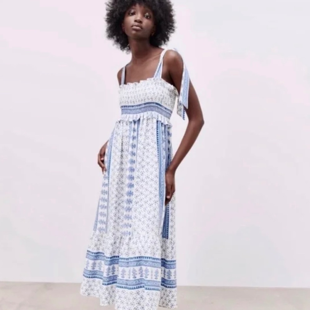 Zara Dress Smocked Floral Blue White